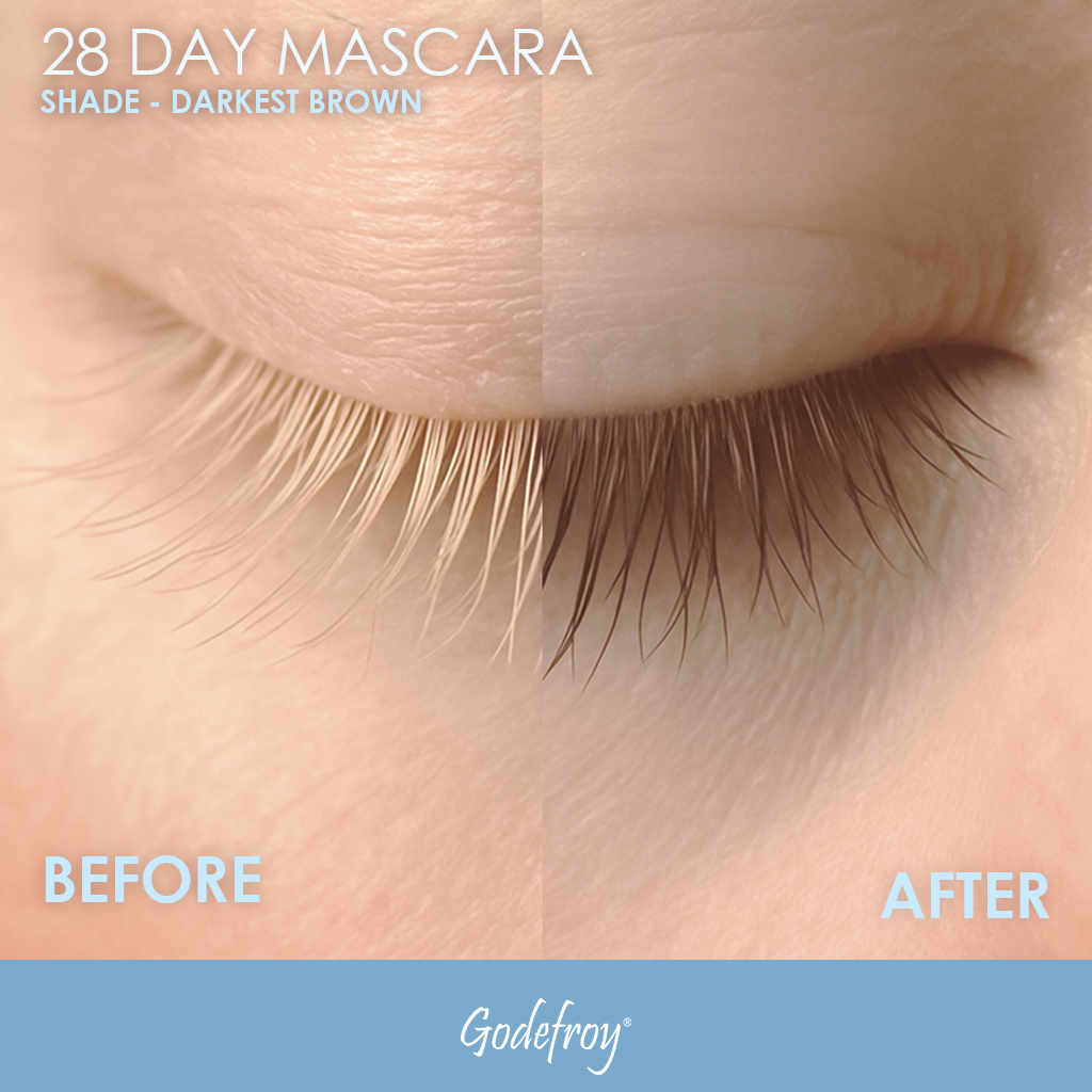Before and after comparison of 28 Day Mascara in darkest brown shade by Godefroy.