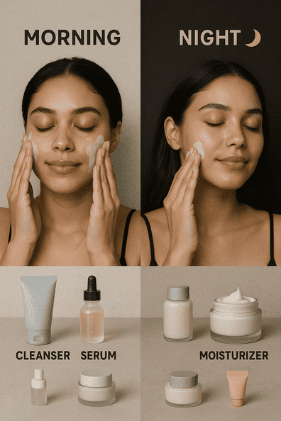 woman applying skincare at night