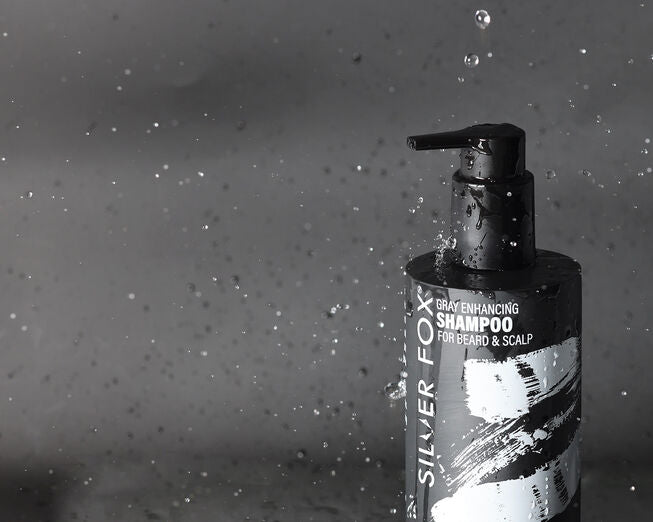 closeup silver fox gray enhancing beard and scalp shampoo