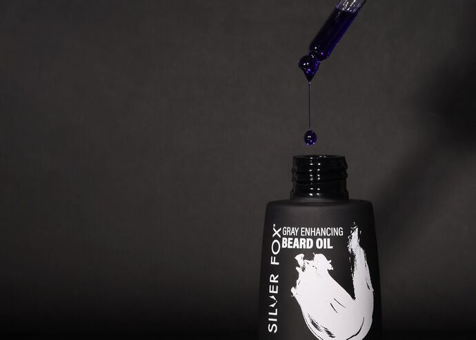 closeup silver fox gray enhancing purple beard oil