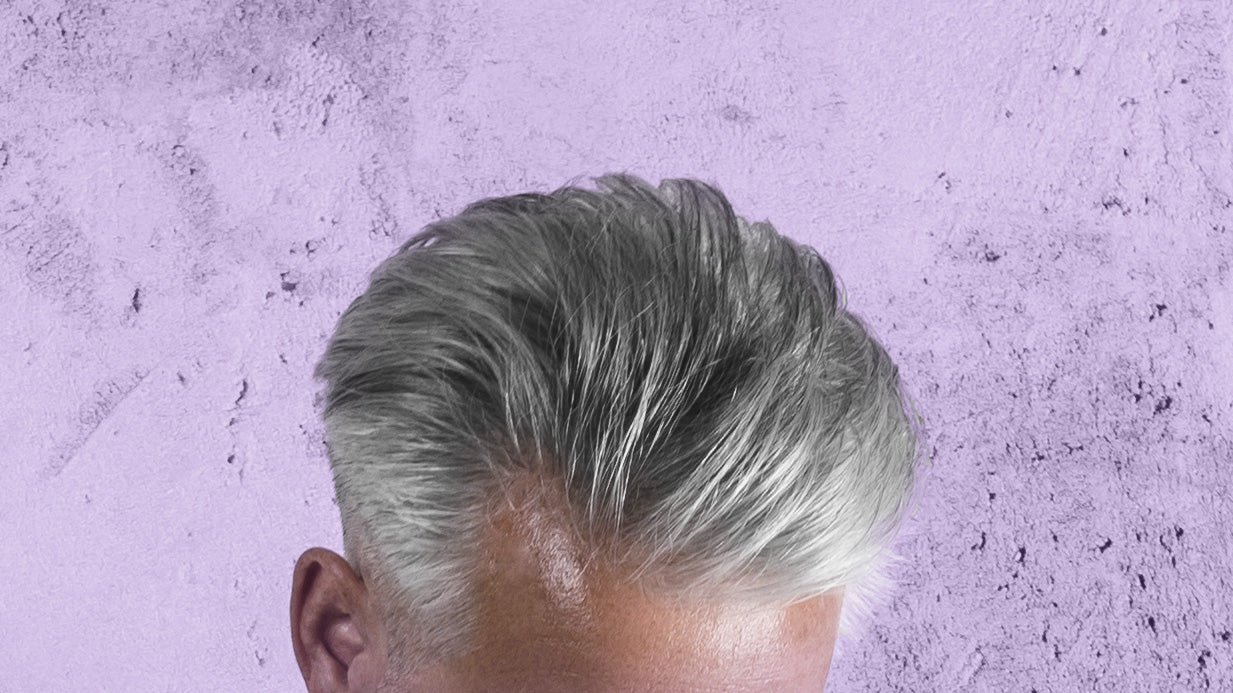 After closeup of elder man grey hair 