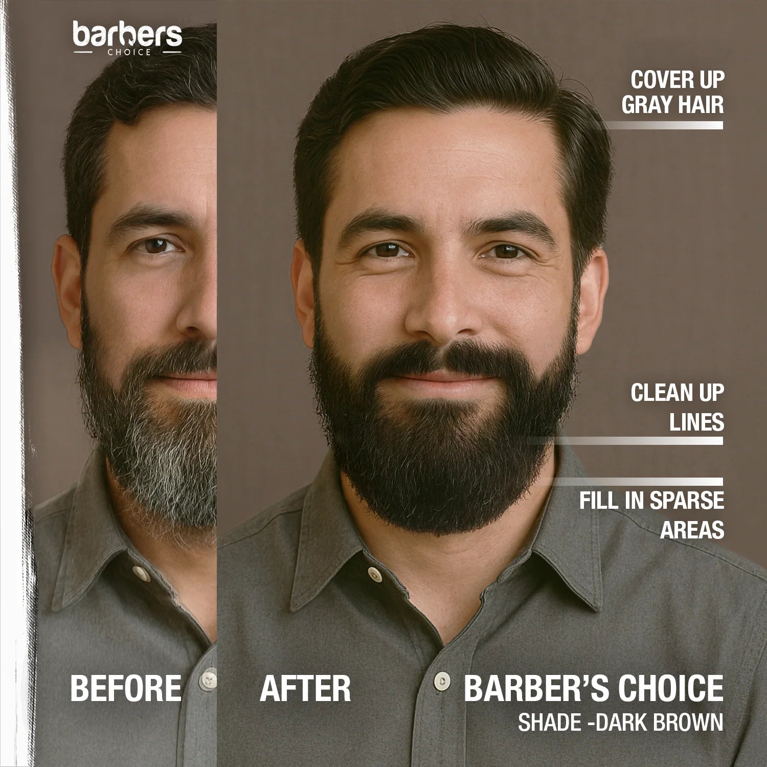 Before and after comparison of a man with gray hair covered up using Barber's Choice product.