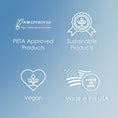Load image into Gallery viewer, peta vegan made in usa sustainable logo