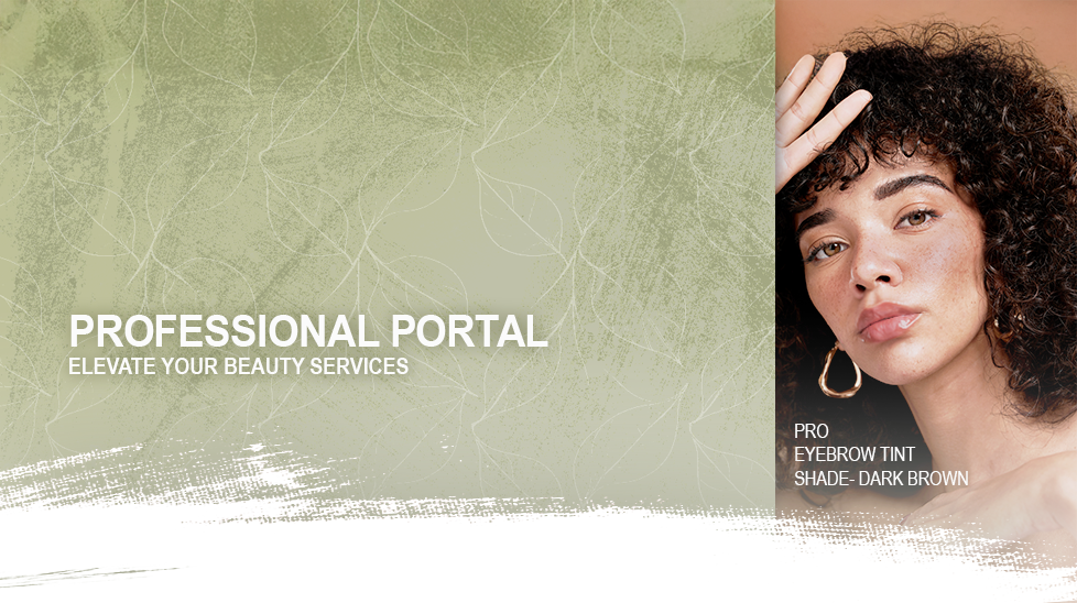 Woman in front of backdrop that reads professional portal elevate your beauty services