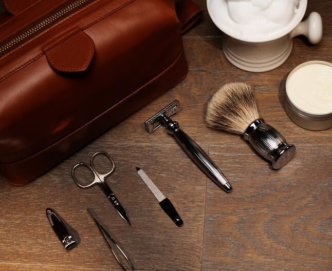 mens grooming set and leather bag
