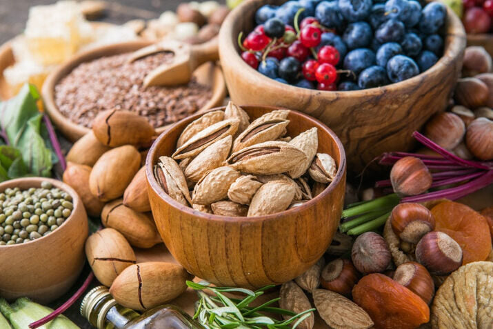 natural ingredients with plants fruits nuts