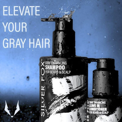 Silver fox shampoo and conditioner with water splashes.