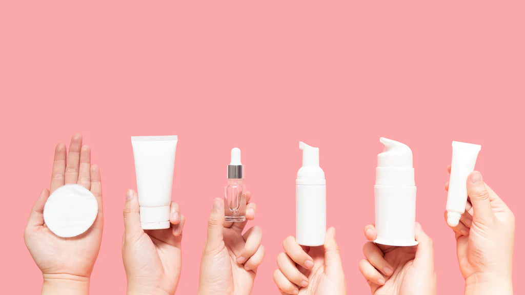 skincare and cosmetics products with blank background
