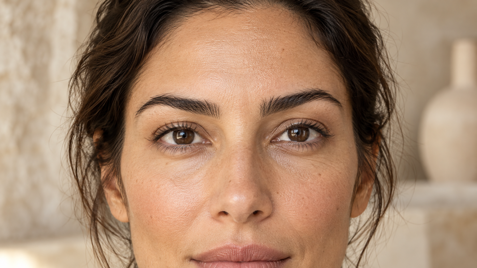 Close-up portrait showing natural brows with a slight difference in arch height.