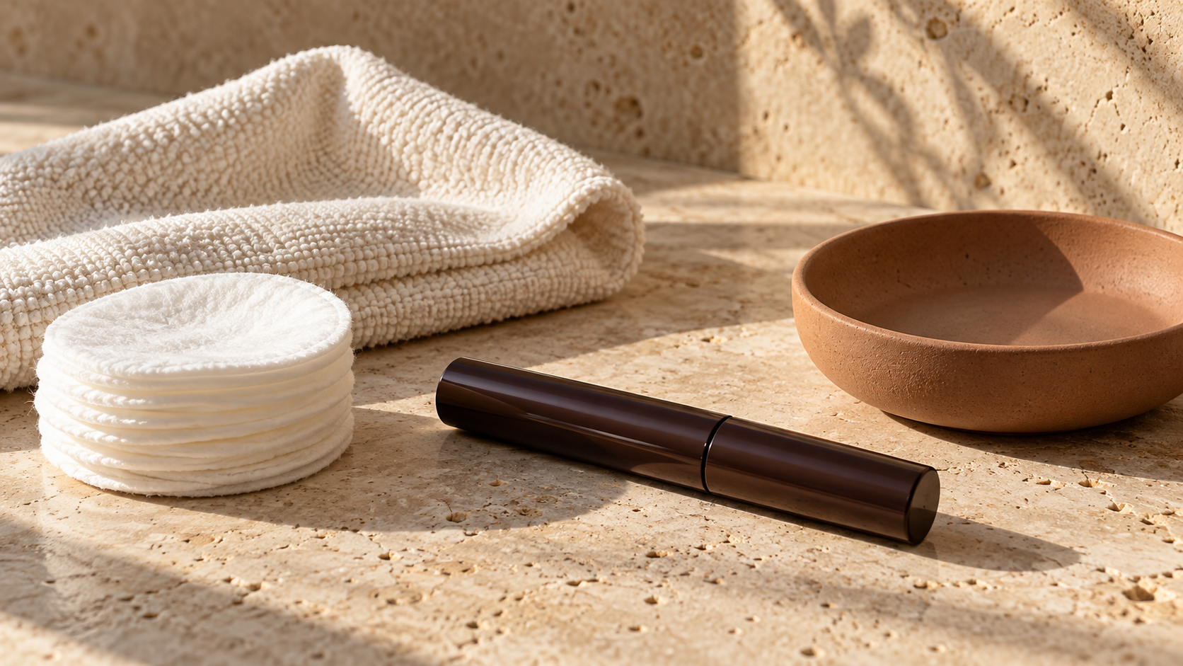 Cotton pads, a folded washcloth and a closed mascara tube on a warm stone counter.