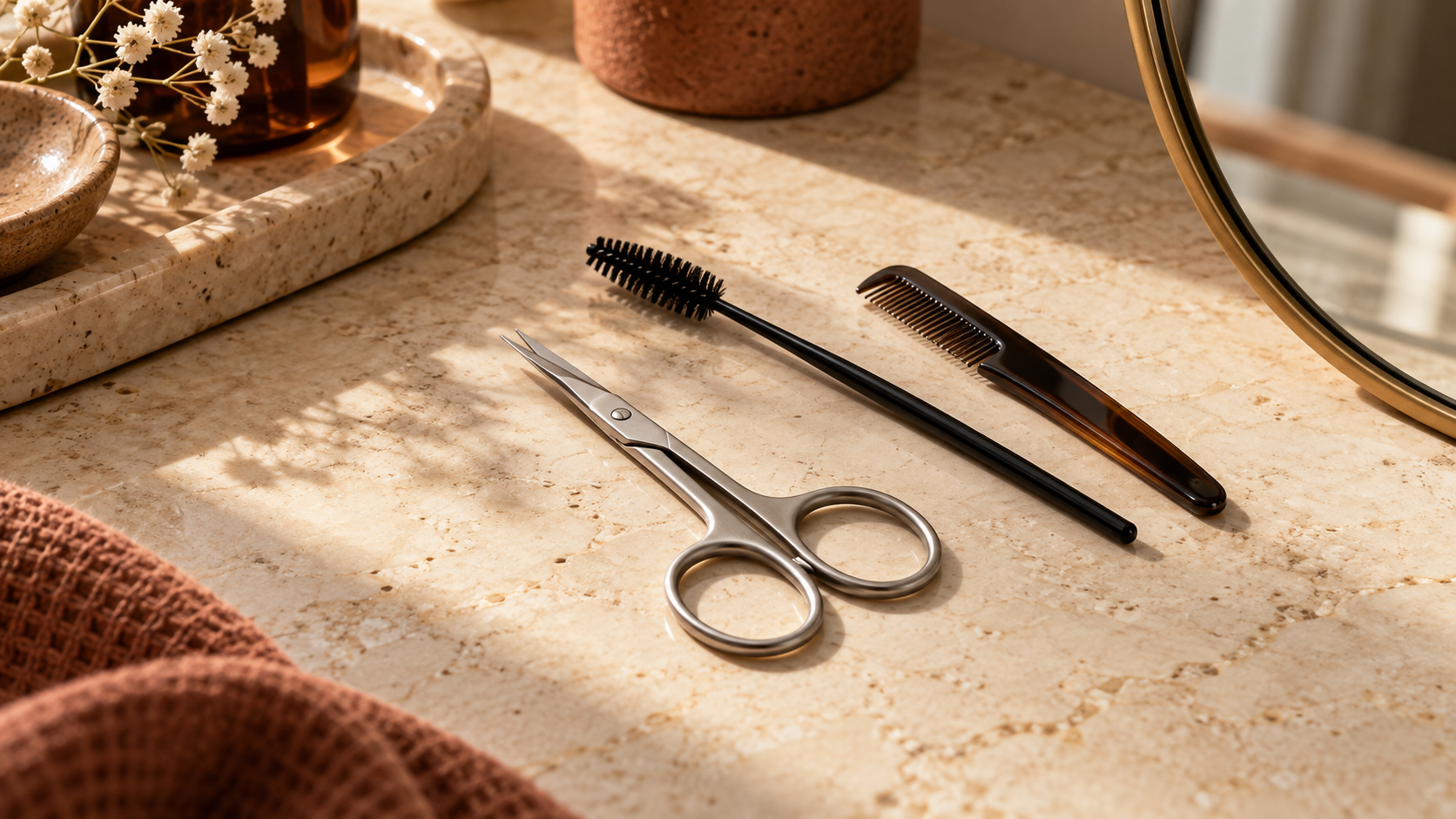 Small eyebrow scissors, a spoolie and a fine-tooth brow comb on a warm stone surface.