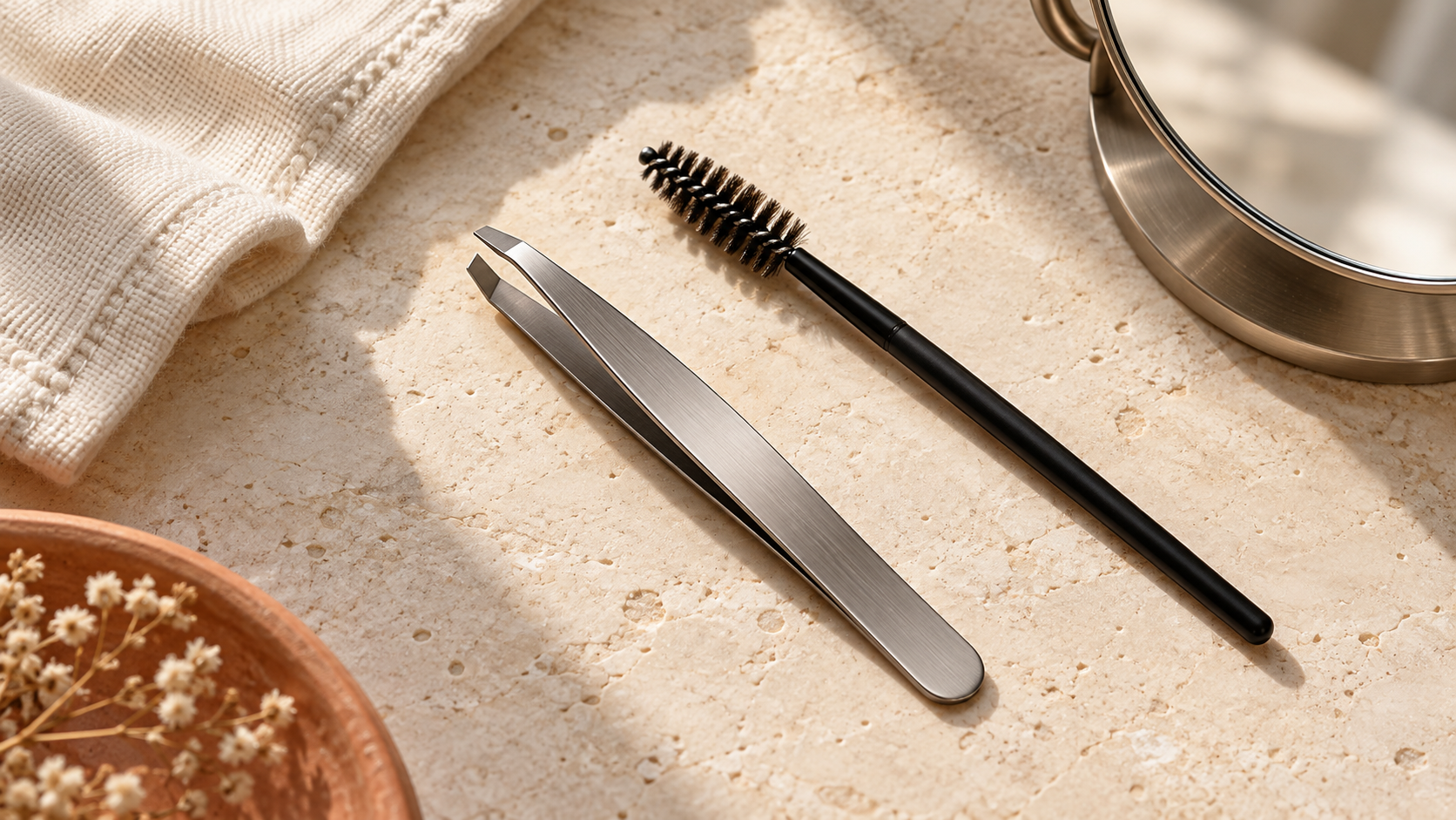 Slanted tweezers and a spoolie beside a mirror on a cream stone surface.
