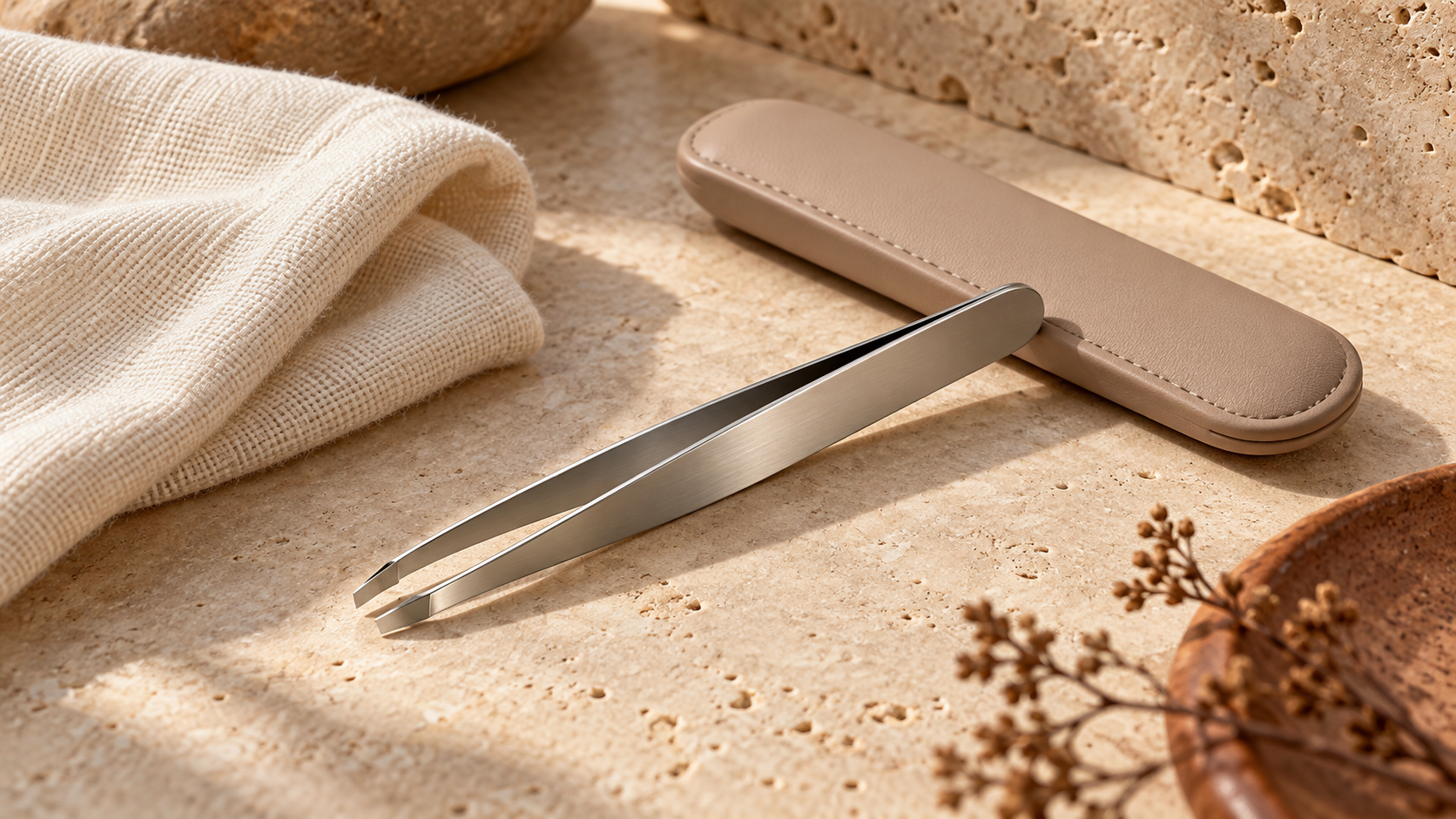 Slant-tip tweezers beside a soft cloth and protective case on a stone surface.