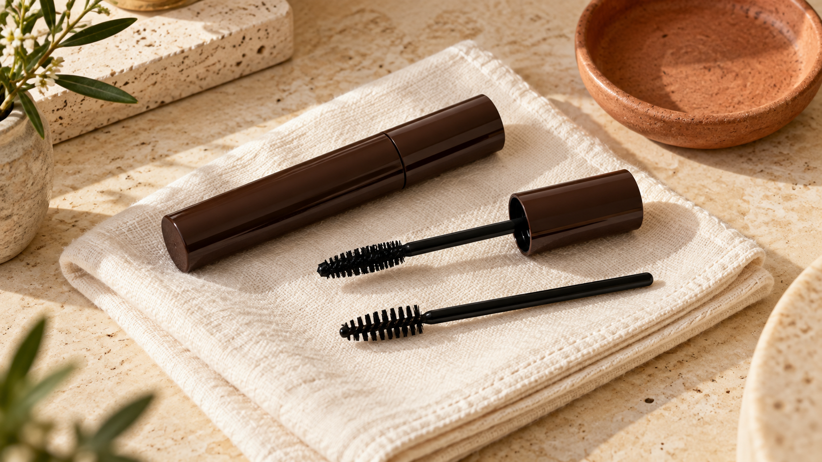 A plain mascara tube and wand beside a clean lash brush on an ivory cloth.
