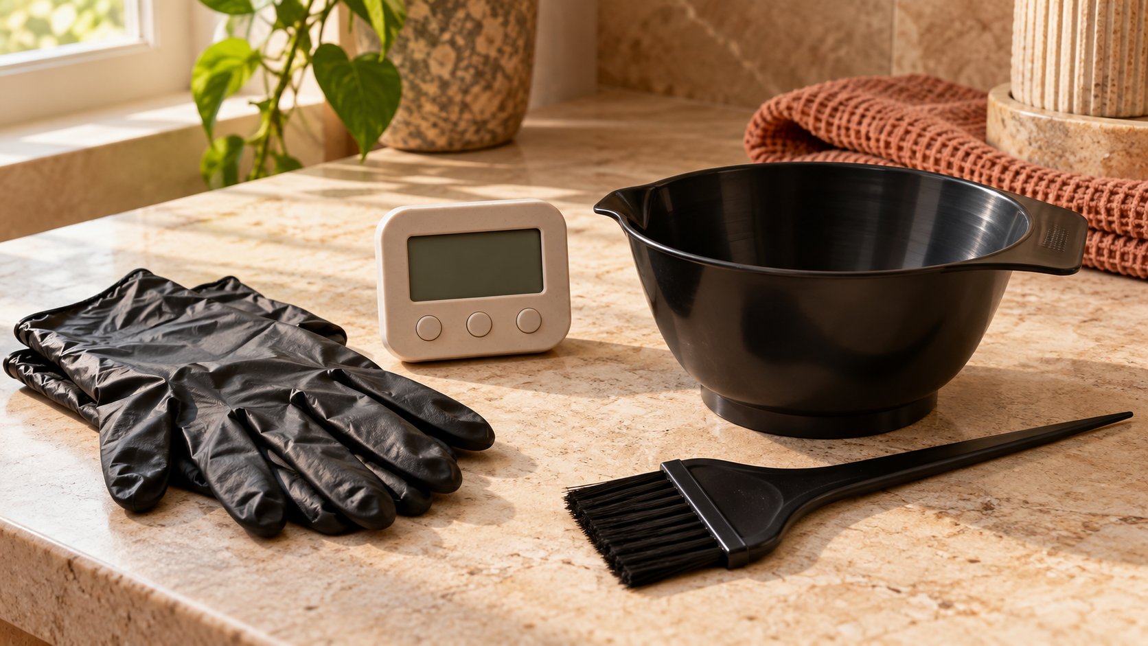 Timer, gloves, color bowl and brush arranged on a stone counter before hair coloring.