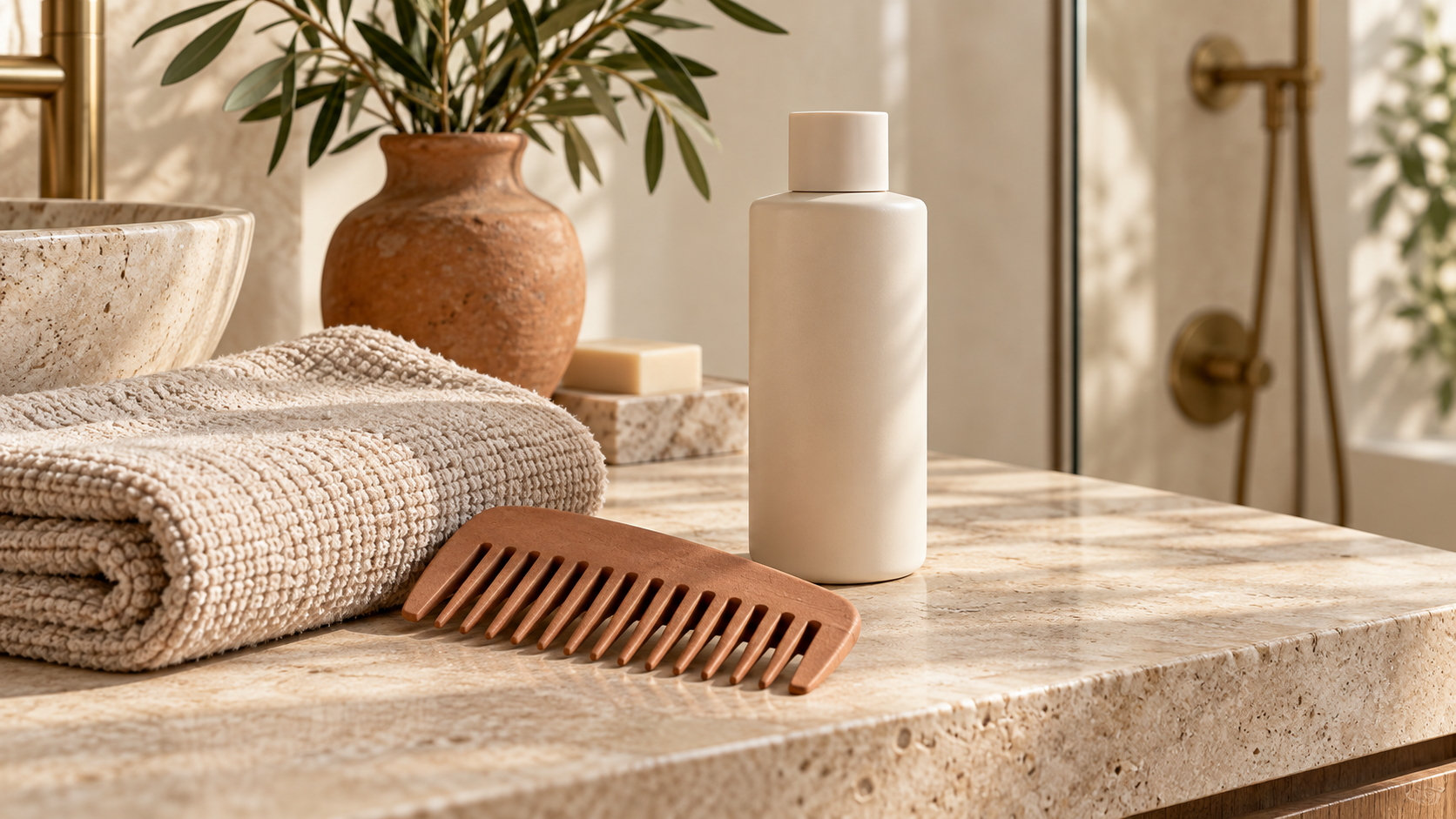 A folded towel, wide-tooth comb and plain shampoo bottle on a warm stone bathroom counter.