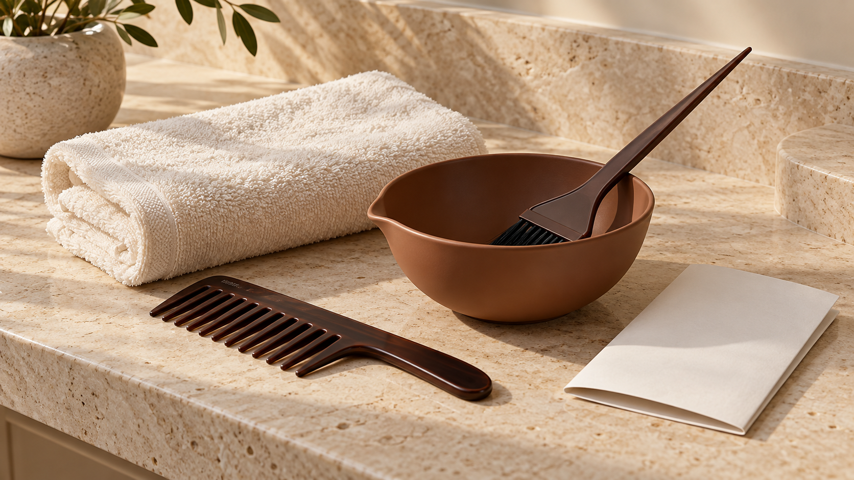 Towel, comb, empty tint bowl and brush beside a folded leaflet on a stone vanity