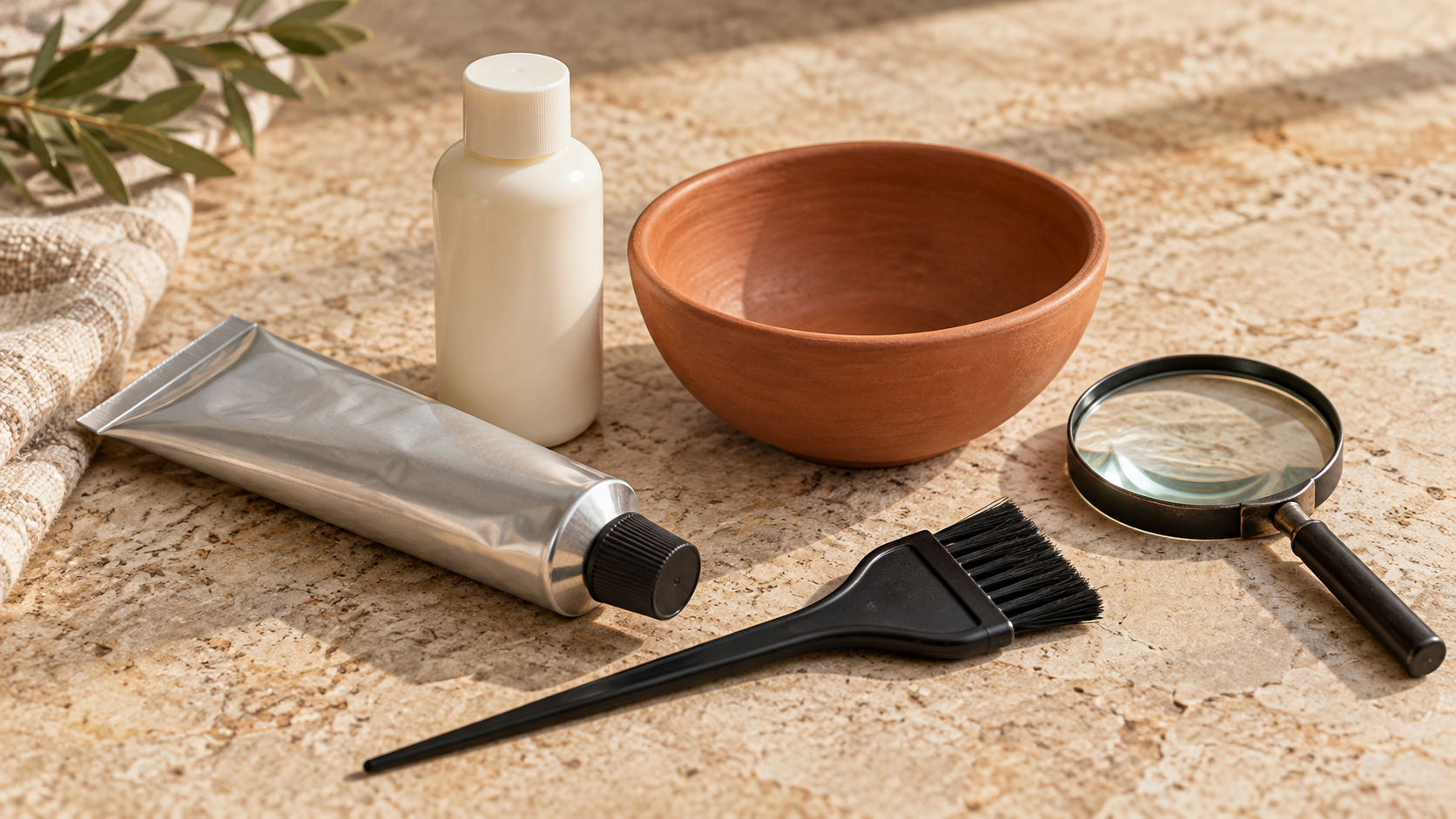 Closed hair-color containers beside a clean tint brush, bowl and magnifying glass.