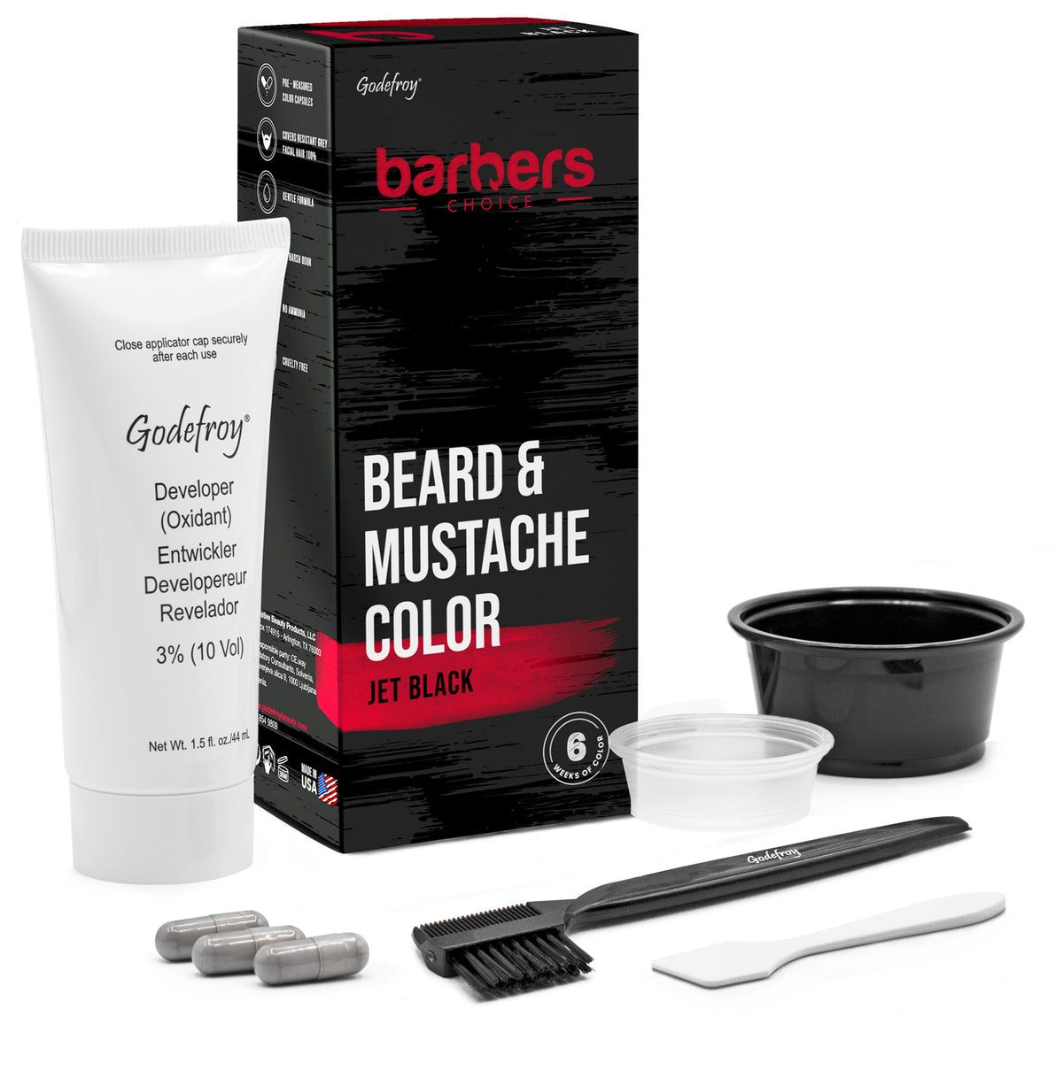 Goddefray Beard & Mustache Color kit with a white developer tube, black and red retail box, black bowl, applicator brush, spatula, and three metal caps on a white background. (Jet Black)