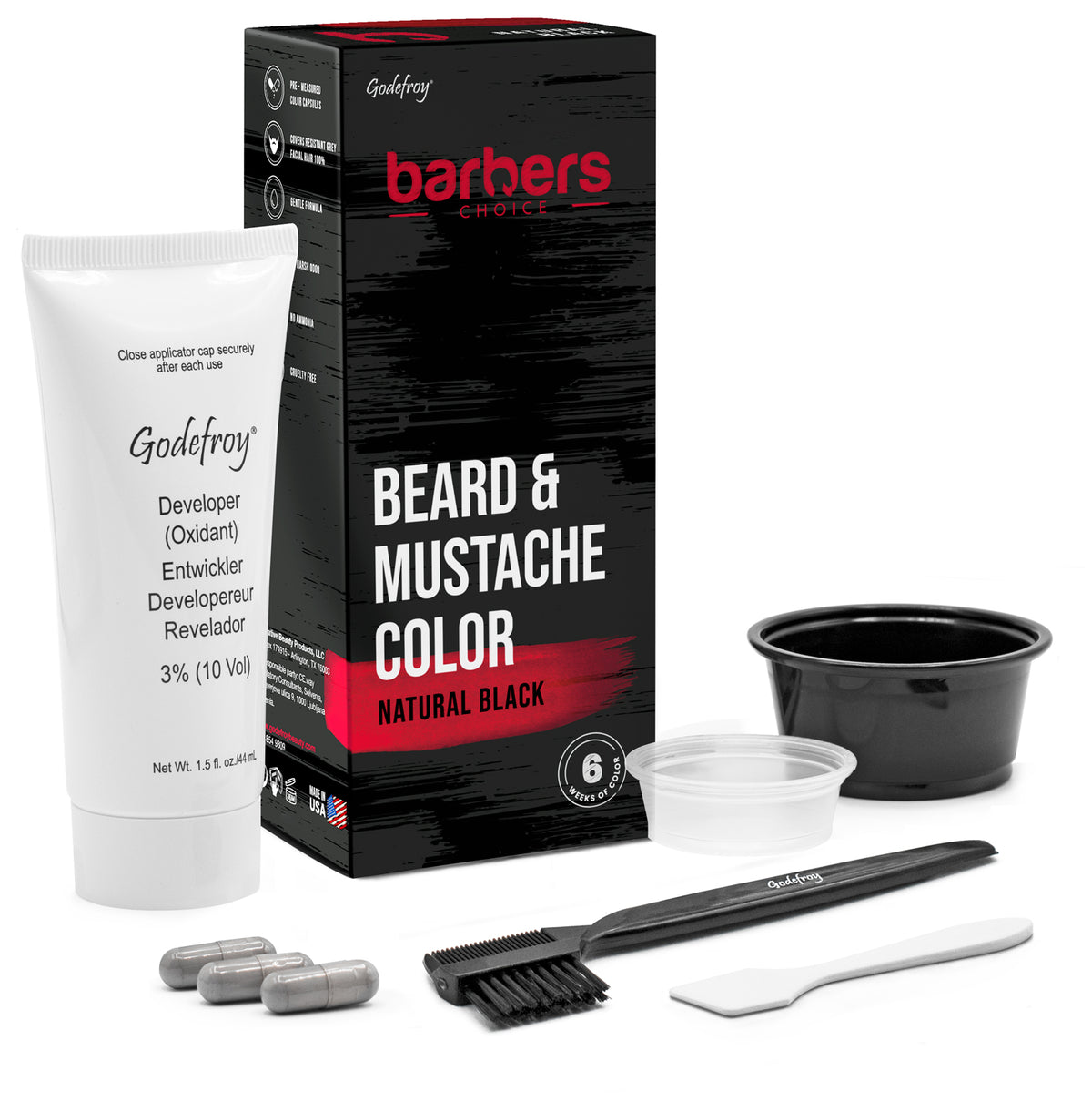 Goddefray Beard & Mustache Color kit with a white developer tube, black and red retail box, black bowl, applicator brush, spatula, and three metal caps on a white background. (Natural Black)