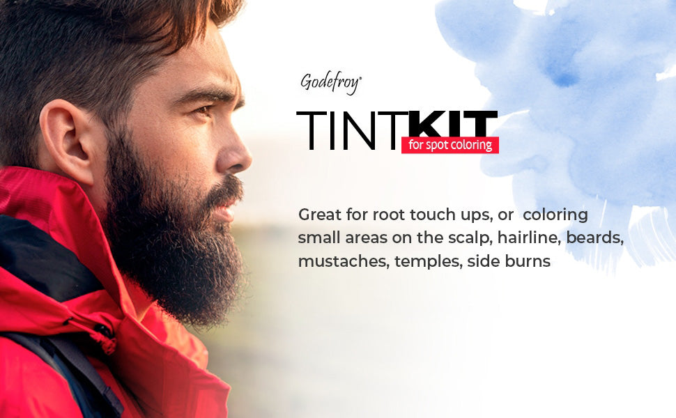 man with dark hair and beard and info about tint kit 