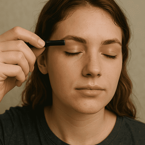 Woman with eyes closed pointing at eyebrow