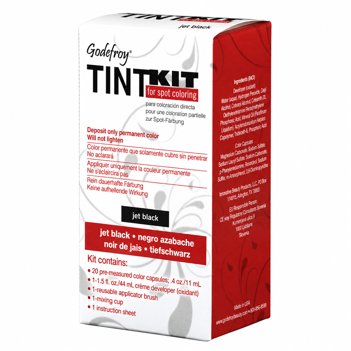 Godefroy Tint Kit for spot coloring in Jet Black, shown in its retail packaging box against a plain white background. (jet black) (20 Applications)