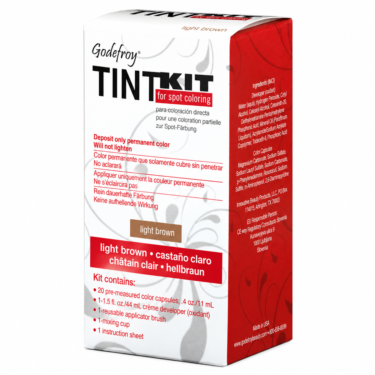 A Godefroy TINT KIT for spot coloring, shown in its retail packaging. The box is white and red with black text, indicating a light brown color option. (light brown) (20 Applications)