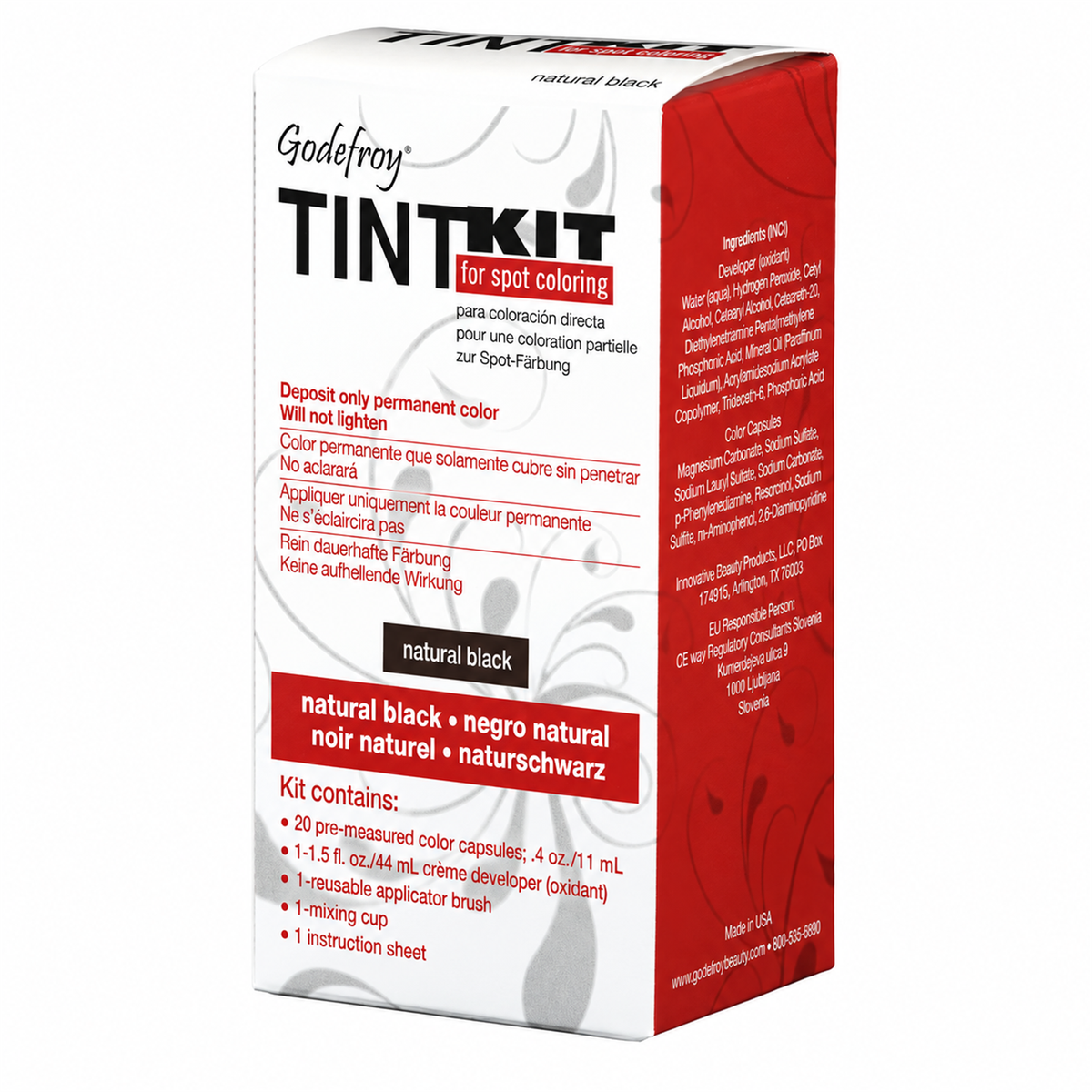 Godefroy Tint Kit for spot coloring in natural black, shown as a white and red product box with black text and red accents on a white background. (natural black) (20 Applications)