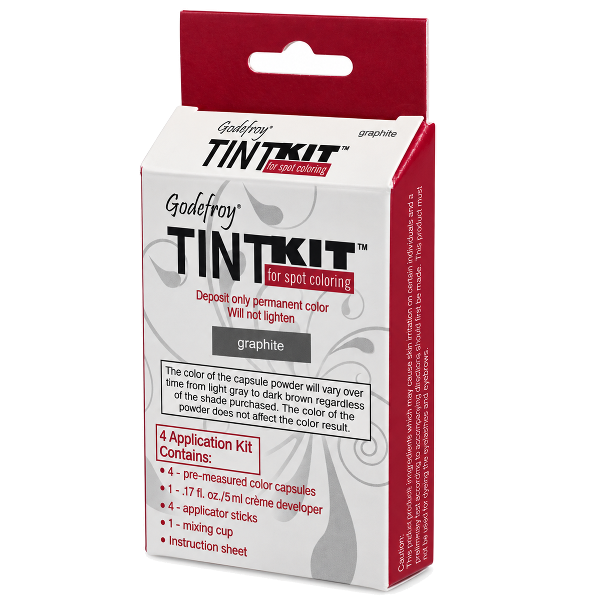 Godefroy TintKit for spot coloring in graphite, shown in its retail packaging box. The box is white with a red top flap and red side panels, featuring black and red text and gray swirl graphics. (graphite) (4 applications)