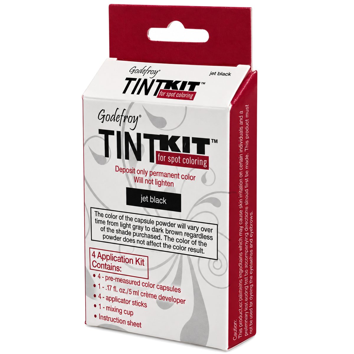 Godefroy Tint Kit Jet Black spot coloring kit in its retail packaging, featuring a white box with red and black text and graphics. (jet black) (4 applications)