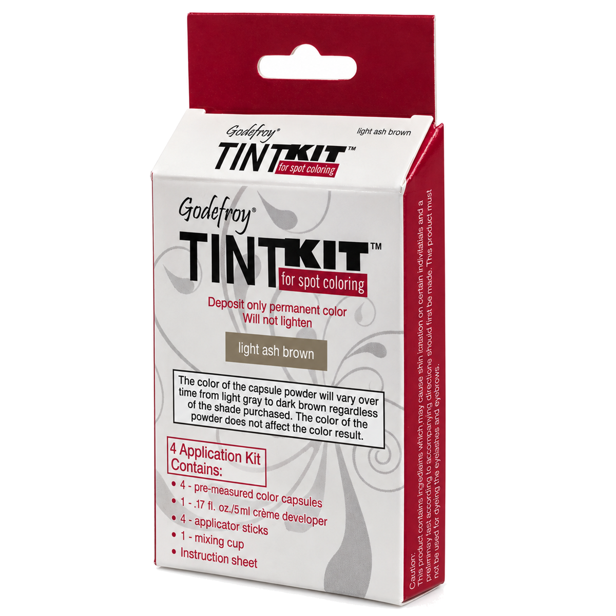 Godefroy TintKit for spot coloring in light ash brown, shown in its retail packaging box. The box is white with red side panels and a gray decorative swirl pattern. (light ash brown) (4 applications)