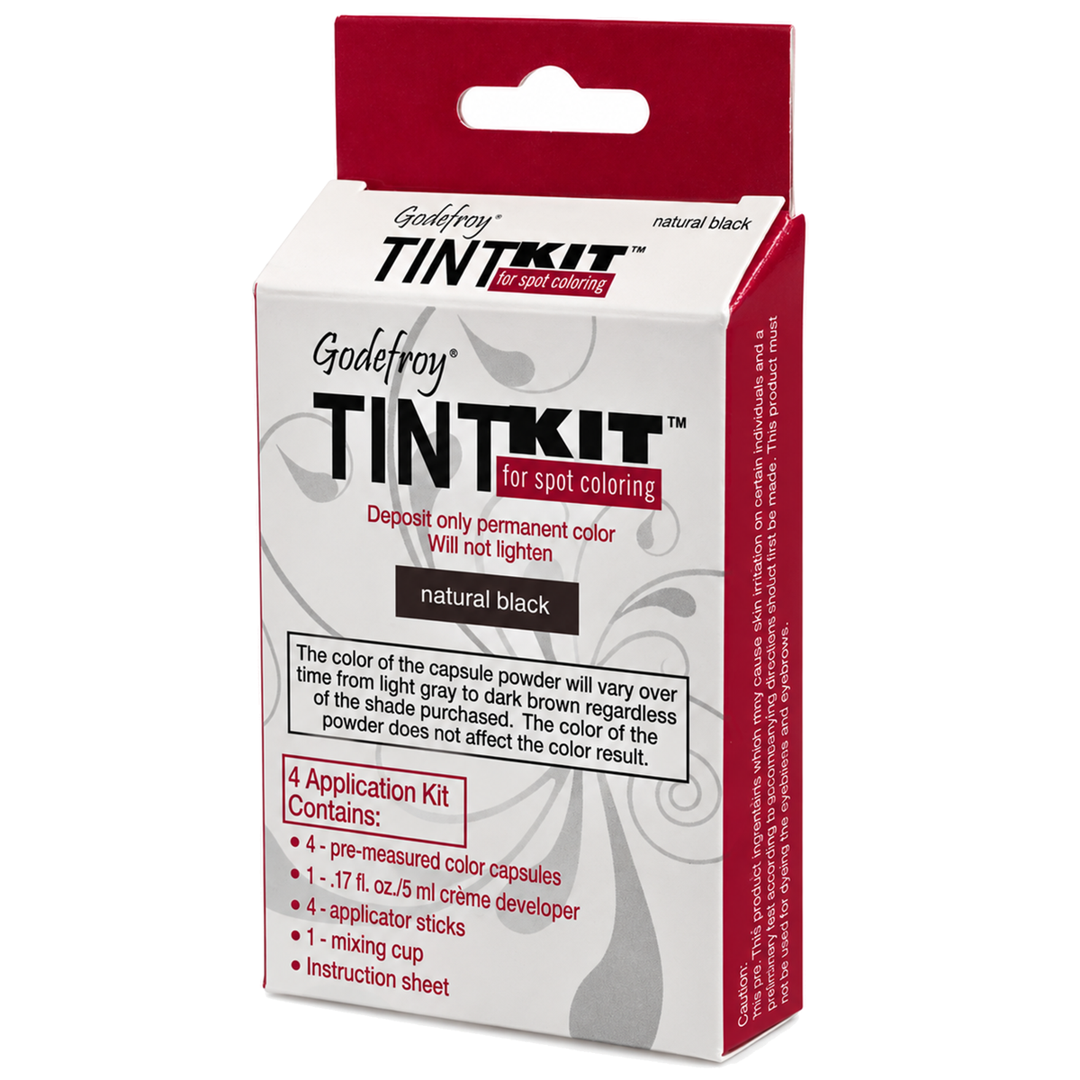 Godefroy Tint Kit for spot coloring in natural black, shown in its retail packaging box. The box is white with red and black text and graphics, featuring a red hanging tab at the top. (natural black) (4 applications)