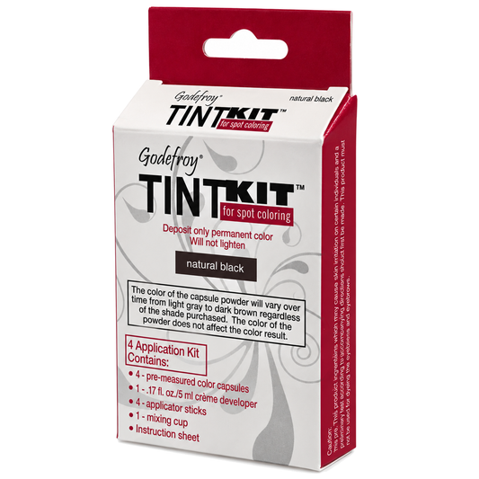 Godefroy Tint Kit for spot coloring in natural black, shown in its retail packaging box. The box is white with red and black text and graphics, featuring a red hanging tab at the top. (natural black) (4 applications)