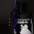 Load image into Gallery viewer, Closeup silver fox purple beard oil 
