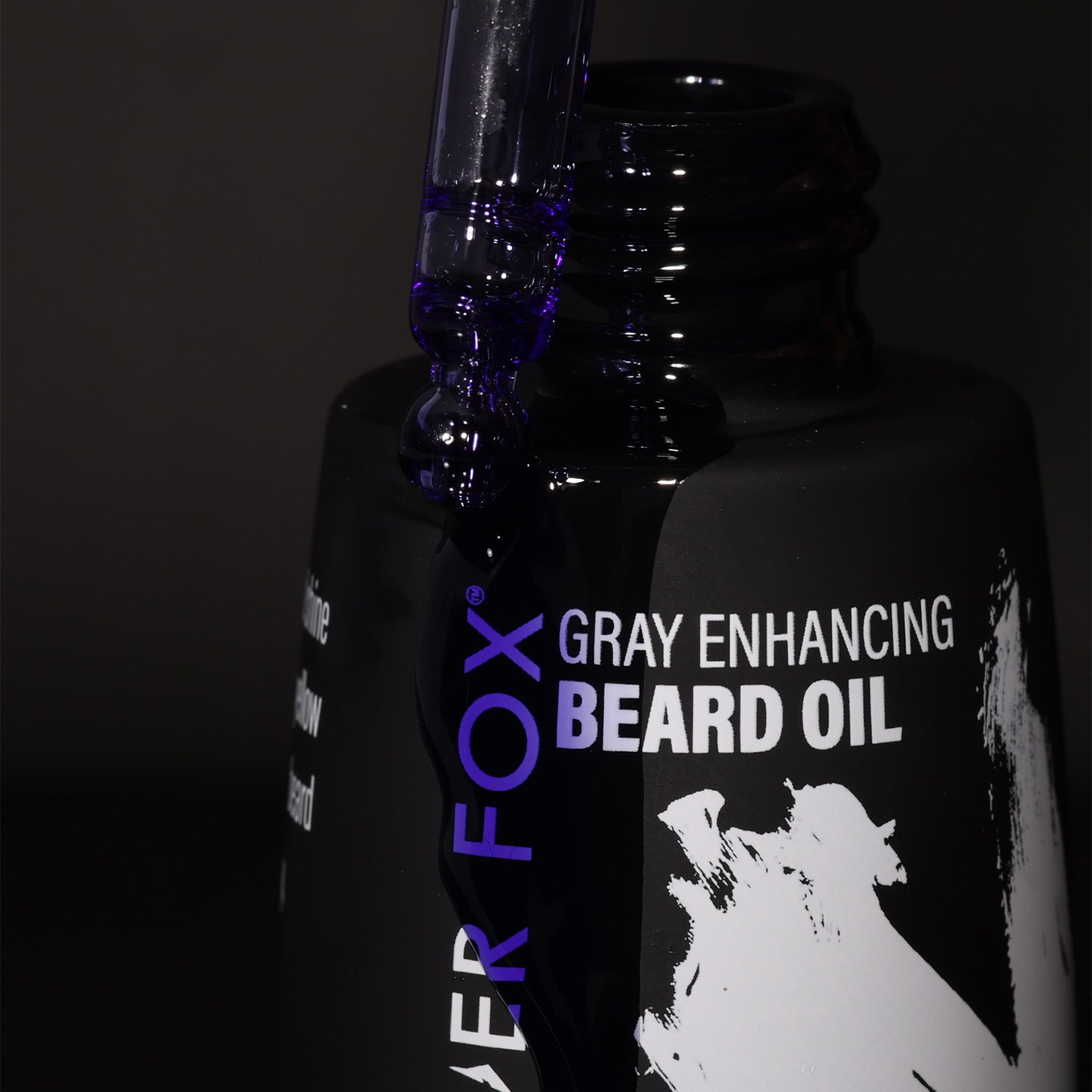 Closeup silver fox purple beard oil 
