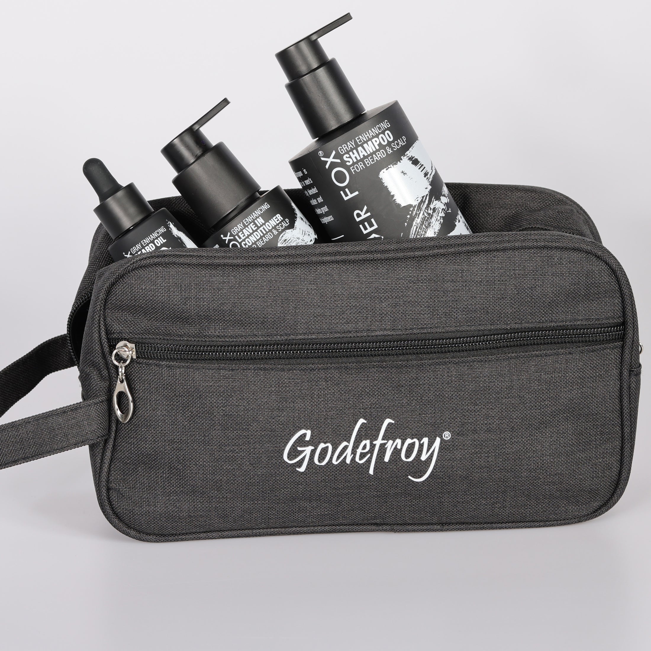 toiletry godefroy bag with silver fox hair products 