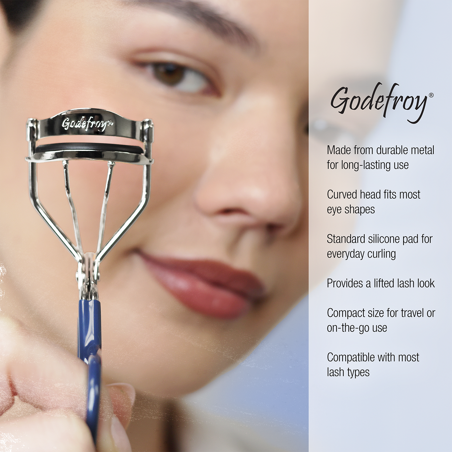 Eyelash curler with text and beautiful model in the back