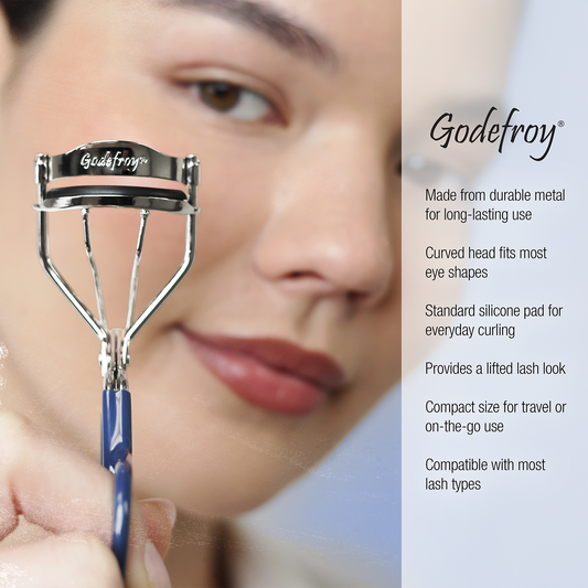 Eyelash curler with text and beautiful model in the back