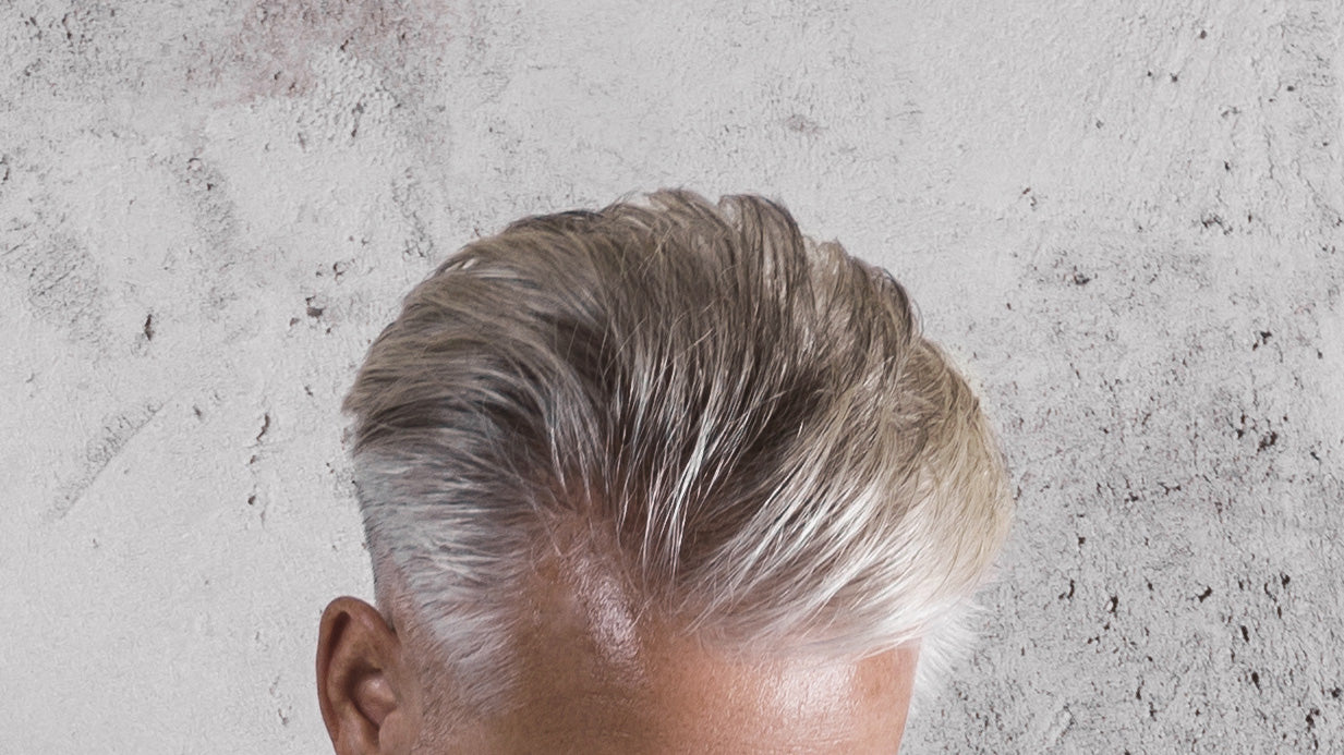 Before closeup of elder man gray hair
