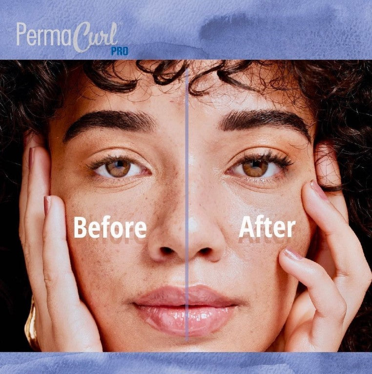 Woman with before and after eyelashes 