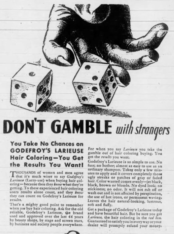 black and white ad with a hand and dice