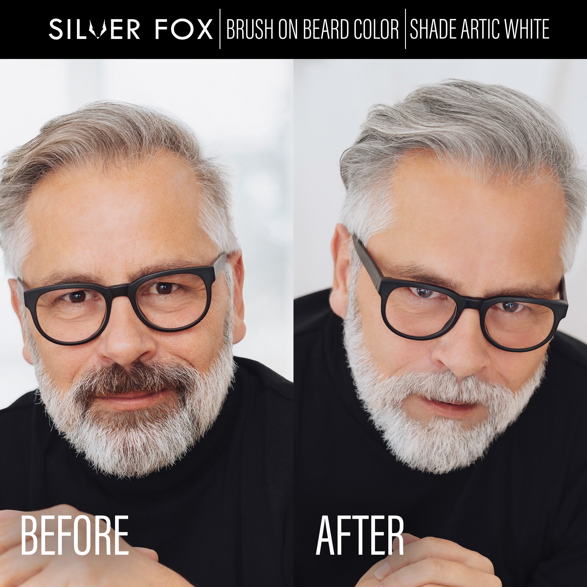 before and after silver fox brush on beard color 