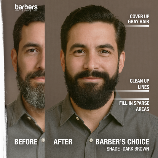 Before and after comparison of a man with gray hair styled by Barber's Choice.