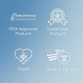 Load image into Gallery viewer, peta vegan made in usa sustainable logo
