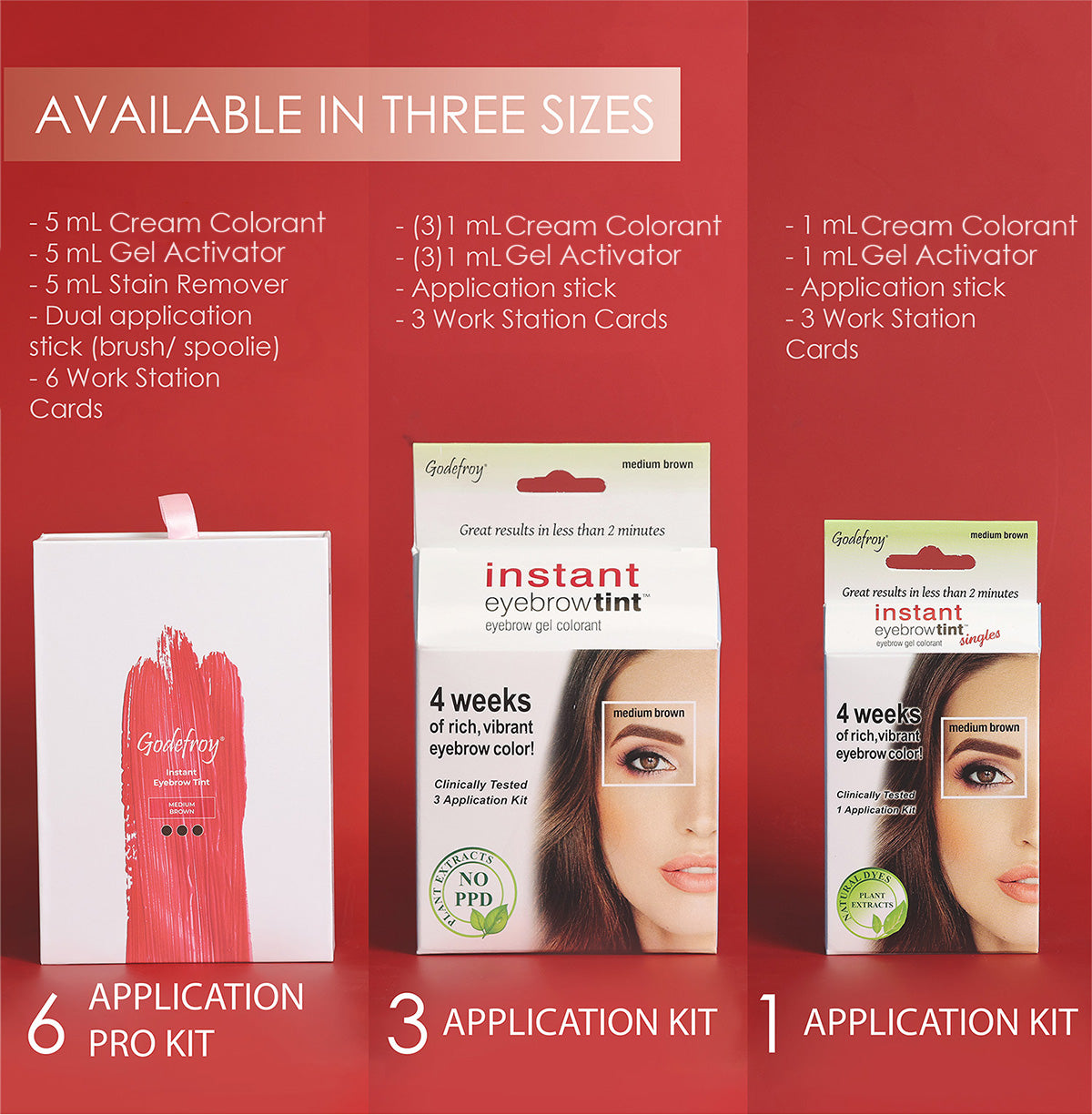 Different sizes of the instant eyebrow tints 