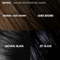 Load image into Gallery viewer, Color swatches of hair shades including Medium/Light Brown, Dark Brown, Natural Black, and Jet Black with 'Barber's Choice' branding.
