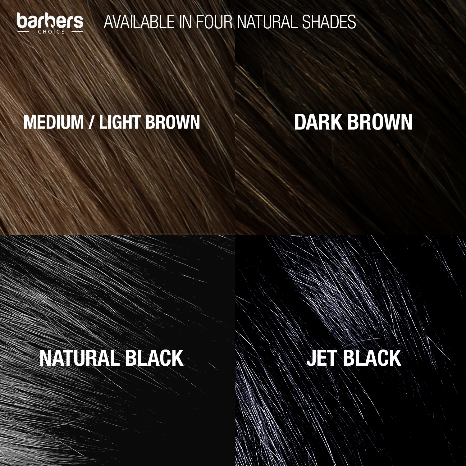 Color swatches of hair shades including Medium/Light Brown, Dark Brown, Natural Black, and Jet Black with 'Barber's Choice' branding.