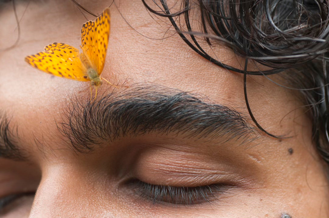 Man with a butterfly on his thick eyebrows 