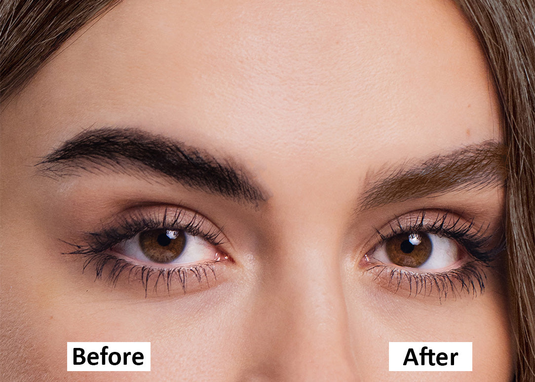 Woman with before and after brown dyed brows